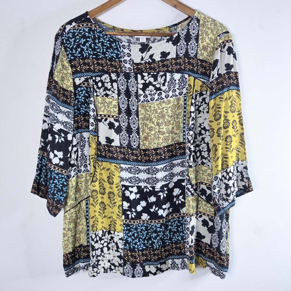 J. Jill Womens Black Floral Patchwork Half Sleeve Blouse Size 2X Boho Flowy